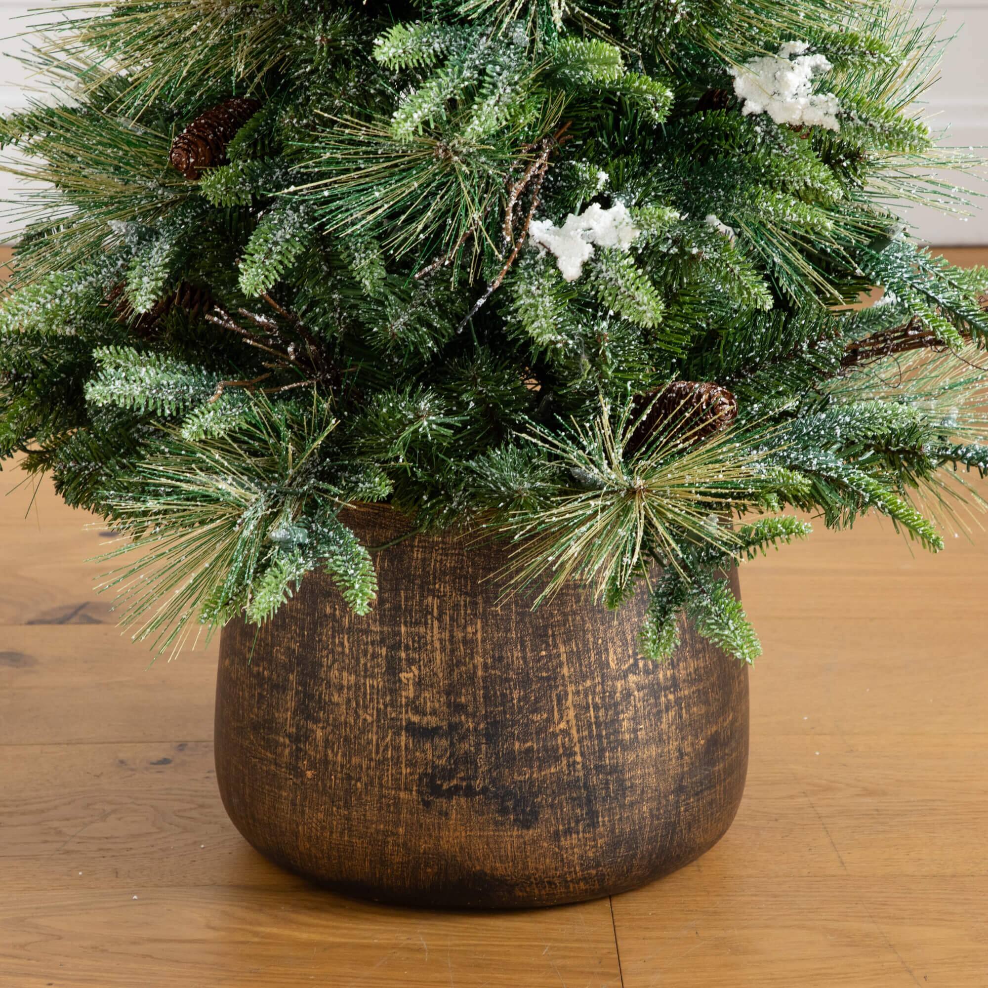 4ft. Pre-Lit Mixed Pine Snowed Artificial Christmas Tree with Pinecones in Decorative Planter, Warm White LED Lights